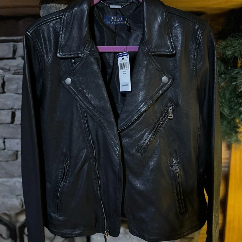 Authentic Polo Ralph Lauren Classic Black Leather Moto Jacket - Picture 3 of 10